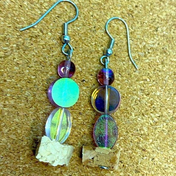 NWOT iridescent beads and cork dangle earrings handcrafted boutique unique - Picture 1 of 5
